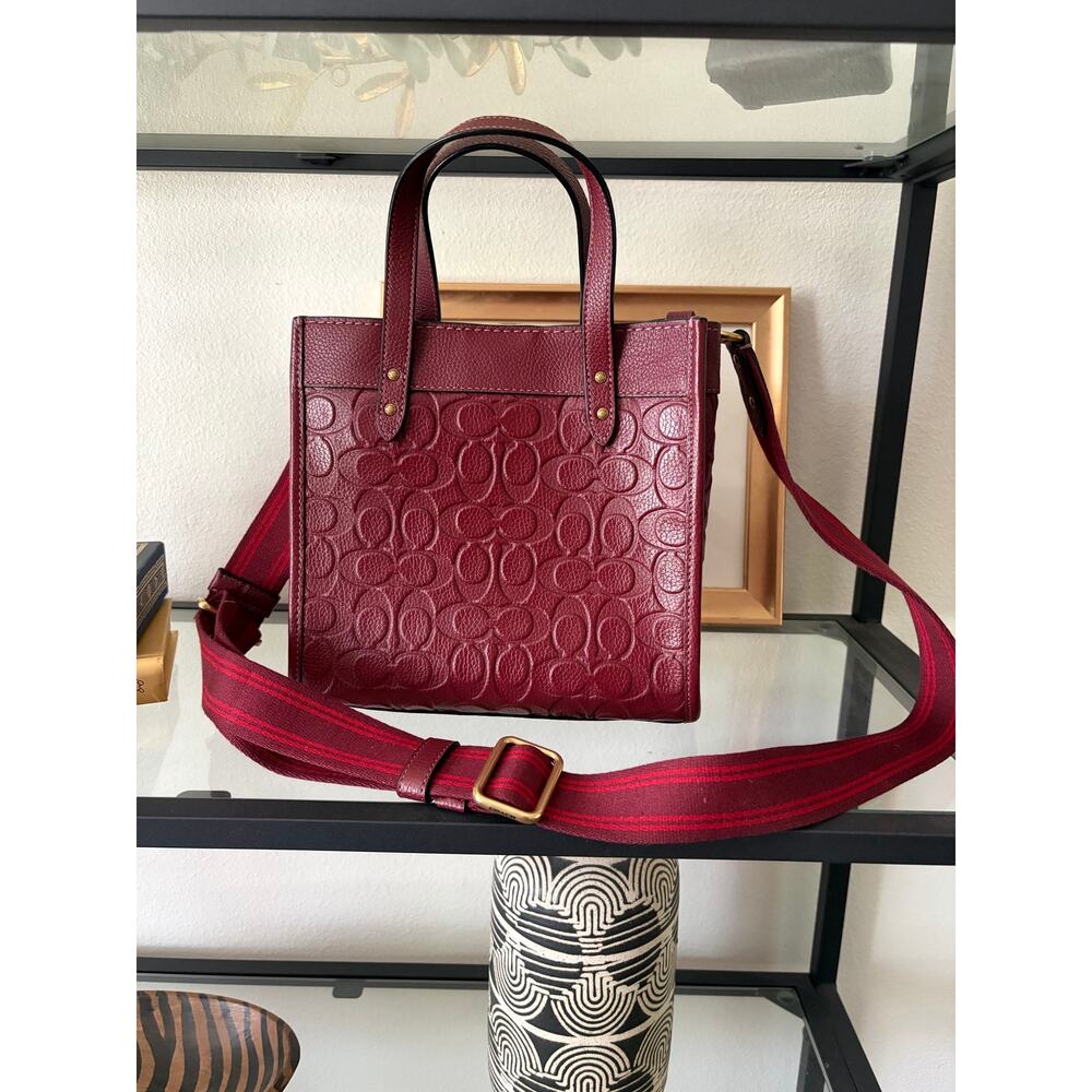 Coach Field Tote 22 Oxblood Pebbled Leather Signature Debossed Crossbody Bag